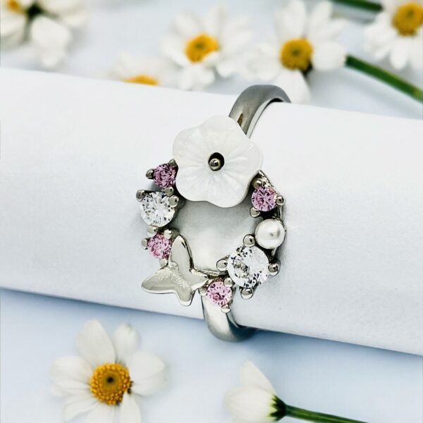GLOWING BUTTERFLY AND FLOWER 92.5 STERLING SILVER RING - Image 2